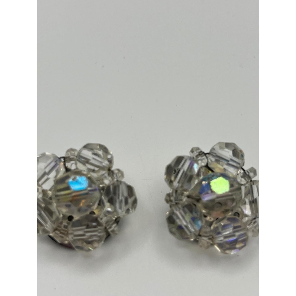 Vintage Aurora Borealis Crystal Cluster Clip On Earrings Iridescent Silver‎ Tone